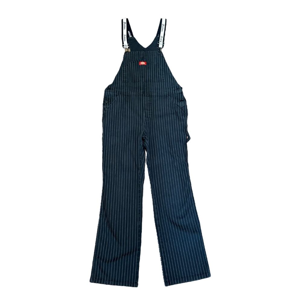 Dickies Overalls Black Pinstripe Workwear Carpenter Utility Pants Womens Medium - Picture 1 of 10